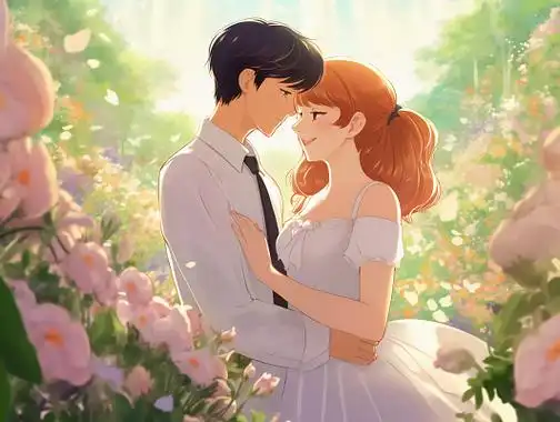 情侣结婚典礼拥抱唯美浪漫情人节爱情双人手绘插画温馨氛围感场景海报