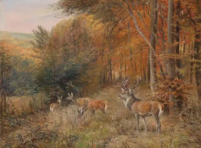 林中麋鹿古典油画装饰画