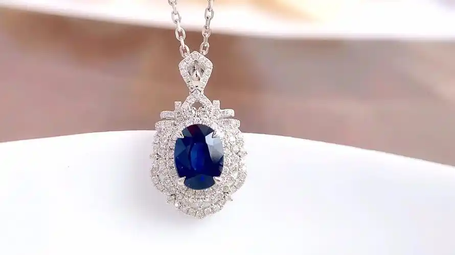 奥芙尼珠宝18k金椭圆蓝宝石吊坠 围镶钻石女士项链豪华复古蓝宝石 f-g