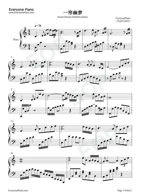 一帘幽梦钢琴谱-邓丽君-看谱啦