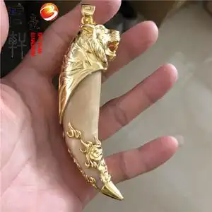新款纯银镀金色狼牙包银套特大号老虎头吊坠生肖猛虎熊牙套虎牙套