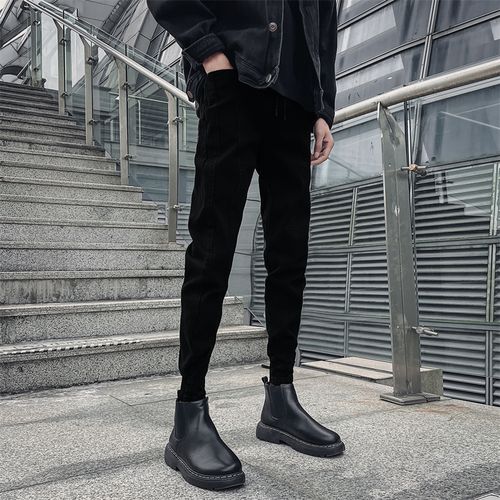 黑色牛仔裤男秋冬季修身小脚配马丁靴的裤子高街痞帅9九分工装裤
