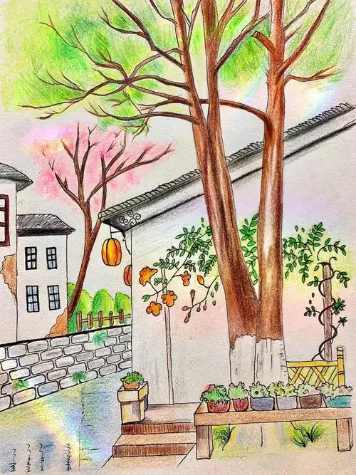 彩铅画梦中的江南小镇