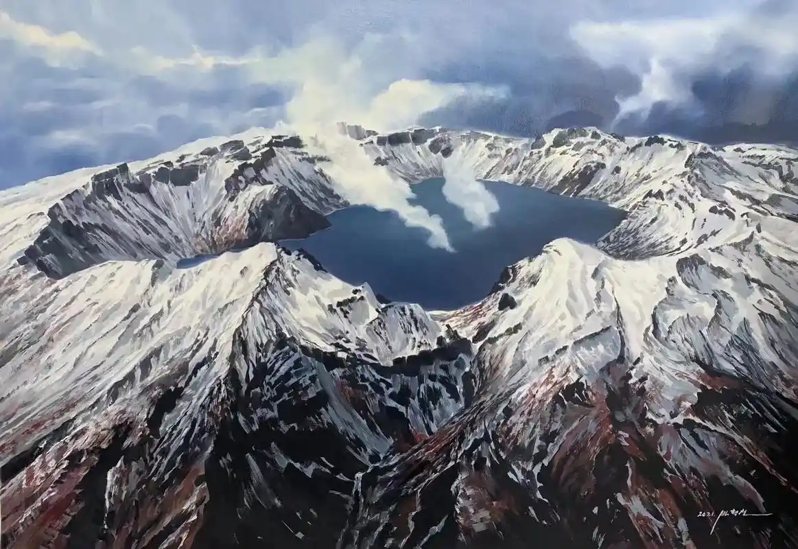 长白山天池 #手绘油画 长白山天池油画,144*81 - 抖音