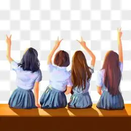 手绘水彩油画风一排女生坐着比耶背影素材pngpsd手绘卡通民国青年人物