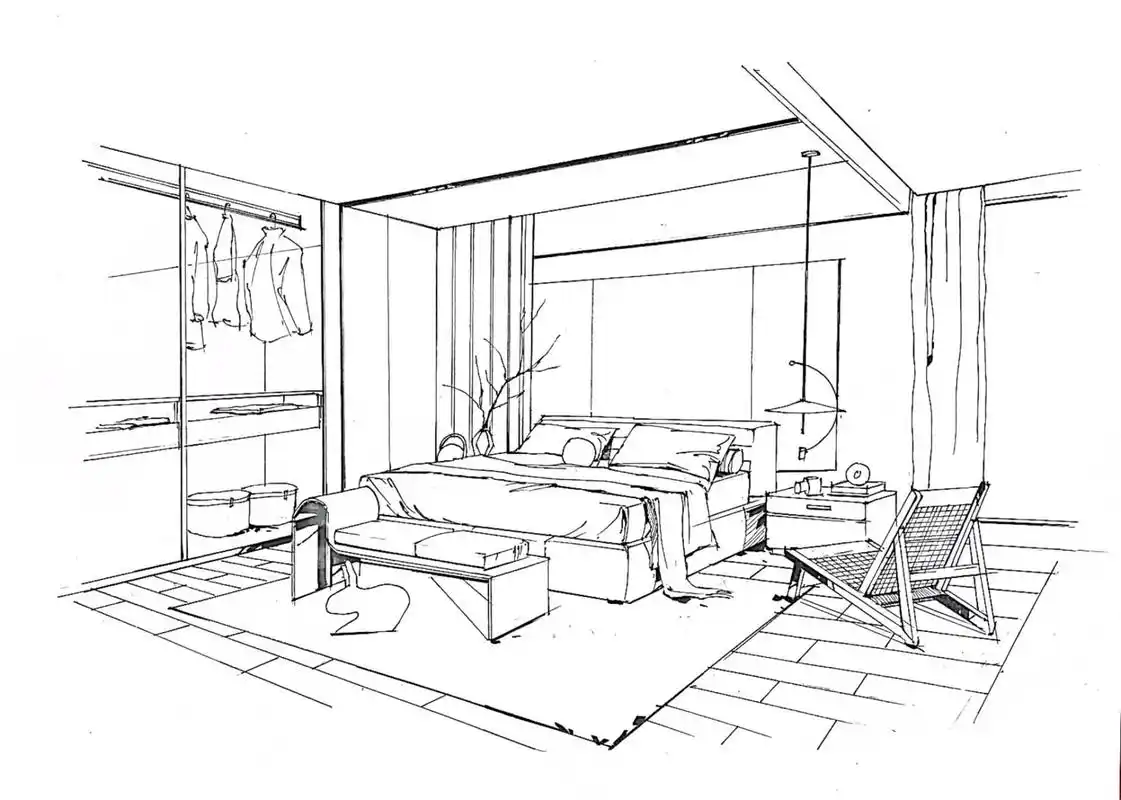 室内设计手绘效果图-卧室 马克笔7315:法卡勒一代 透视:两点透视