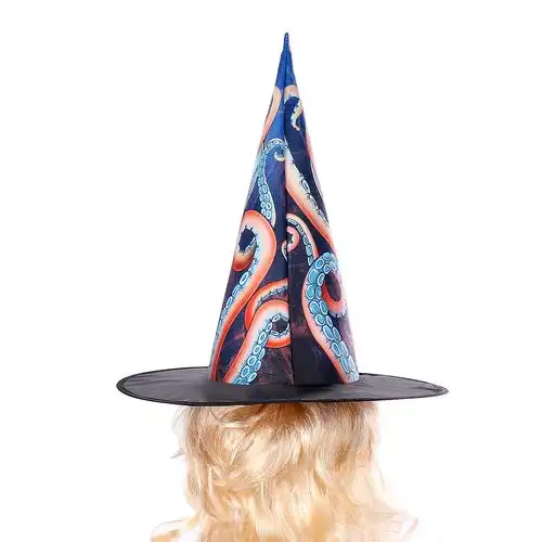 外贸跨境货源万圣节服饰道具派对成人数码印花章鱼骷髅圆锥巫婆帽