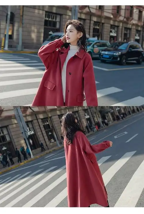 实拍ins西瓜红学院风贴标翻领单排扣宽松大码羊毛呢子大衣外套女
