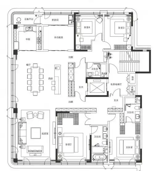 300平米的大平层户型有3个入户门奢华的象征