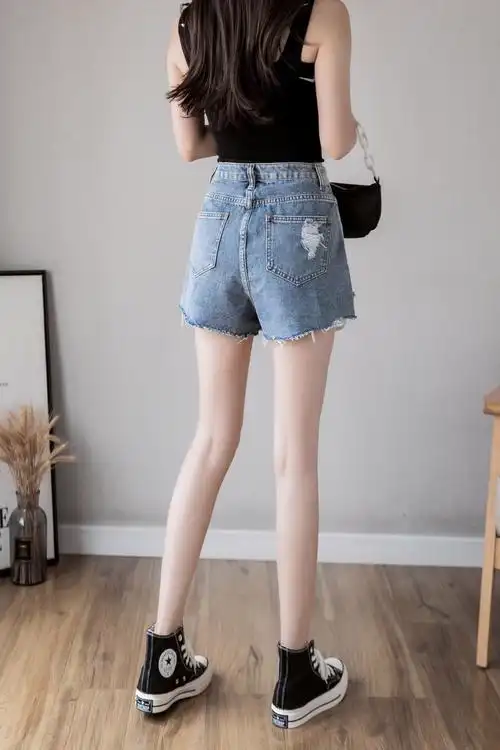 实拍#新款牛仔超短裤热裤小个子xs小码a字阔腿破洞高腰网红显瘦