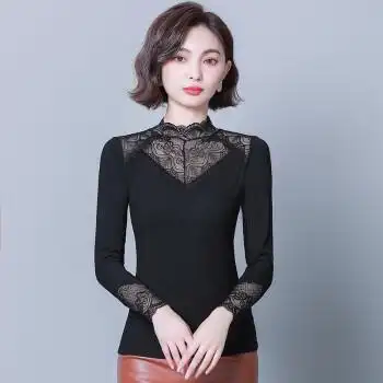 的莫代尔镂空蕾雷丝衫高领上衣长袖打底衫女薄款溥小衫919蕾丝不加绒m