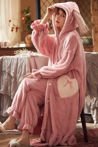 两件套装睡袍女冬季加厚珊瑚绒睡衣女士可爱长款连帽法兰绒家居服