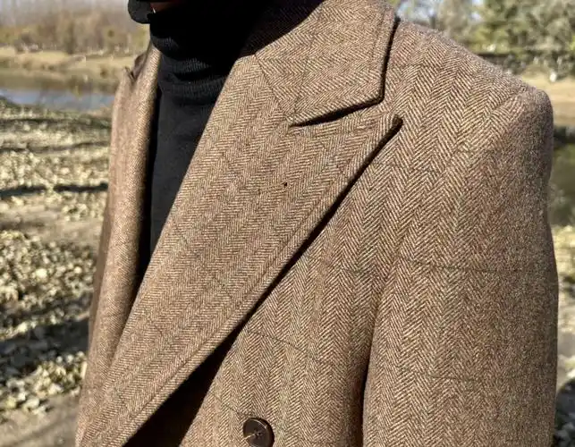 全羊毛粗花呢马球大衣男英式羊毛马球大衣绅士长款大衣 驼色人字格 48