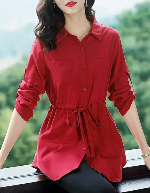 年春季新款上衣胖妹妹特大码女装衬衣收腰显瘦遮肚中长款衬衫 红色 xl
