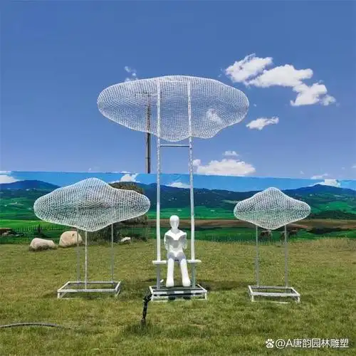 不锈钢云朵雕塑,钢丝编织镂空云朵雕塑加工厂家