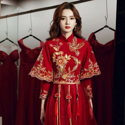 秀禾服2021新款秋冬纱裙结婚敬酒服酒红色新娘旗袍中式长袖礼服女