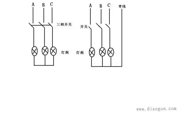 三相交流电接灯泡方法
