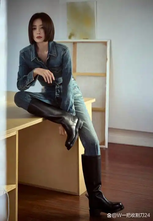 秦岚牛仔装搭配黑筒靴,美飒酷姐好优雅!