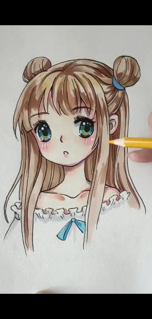 今天画扎着丸子头的美少女动漫人物