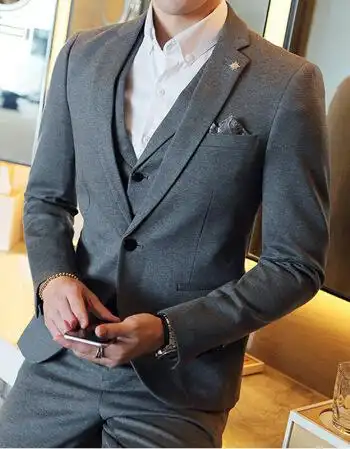 西服套装男修身西装三件套男士职业正装西装套装结婚婚礼服 深灰色