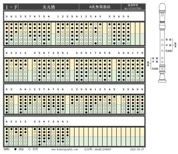 六孔竖笛f调指法-女儿情