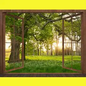3d卧室空间假窗墙贴画 客厅森林公园溪水湖景花园别墅风景背景墙