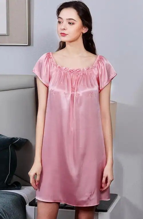 雅歌星杭州真丝睡衣女夏季薄款短袖睡裙公主裙宽松加大码冰丝家居服