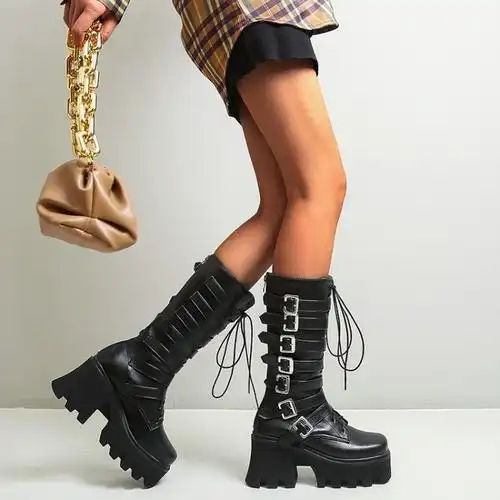 欧美风防水台厚底朋克马丁靴中性中筒靴女时装靴外贸跨境大码男靴
