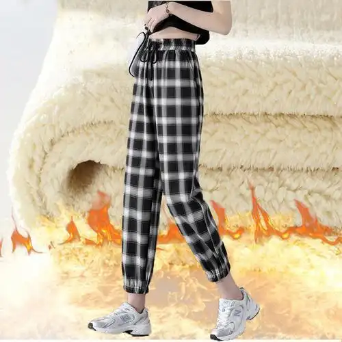 哈伦裤子女秋冬加绒格子裤直筒垂感九分小个子高腰显瘦束脚灯笼裤