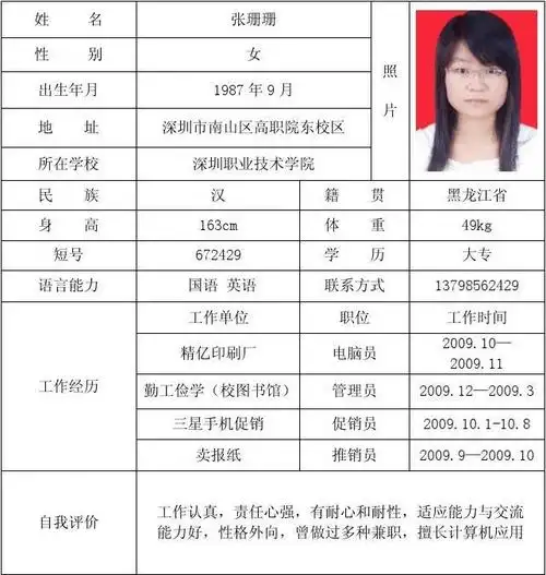 个人简历表(张珊珊) (共1页,当前第1页) 你可能喜欢 个人简历填写