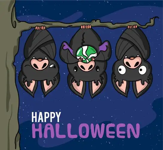 卡通万圣节倒挂的3个蝙蝠矢量图