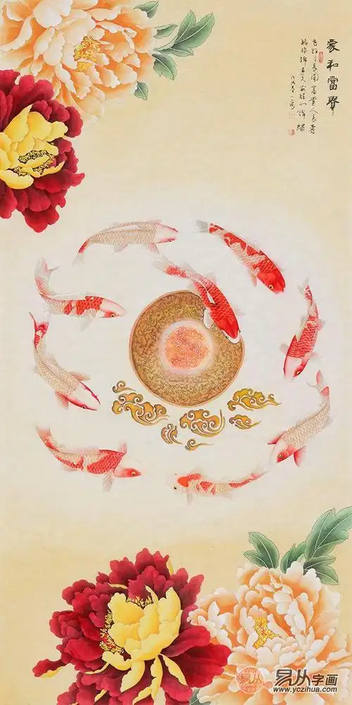 美满,又荷花亦成为莲花,有连年有余之意;鲤鱼,与"利"谐音,有聚财招财