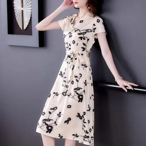 贵夫人真丝连衣裙女高端洋气桑蚕丝夏季新款收腰醋酸缎面气质妈妈