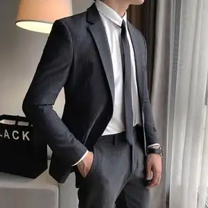 气质条纹西装男高档礼服套装修身职业正装轻熟痞帅西服二件套秋冬