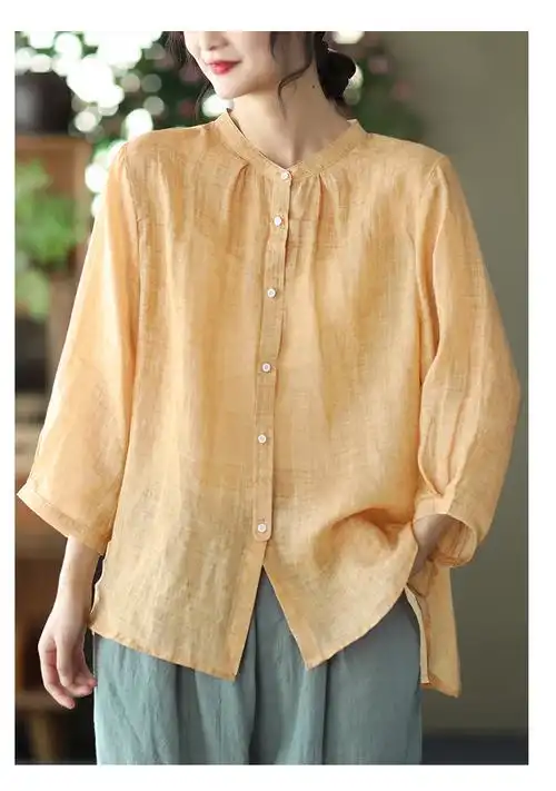 新款复古色织苎麻上衣女宽松立领长袖衬衣纯色气质上衣」 - 17网