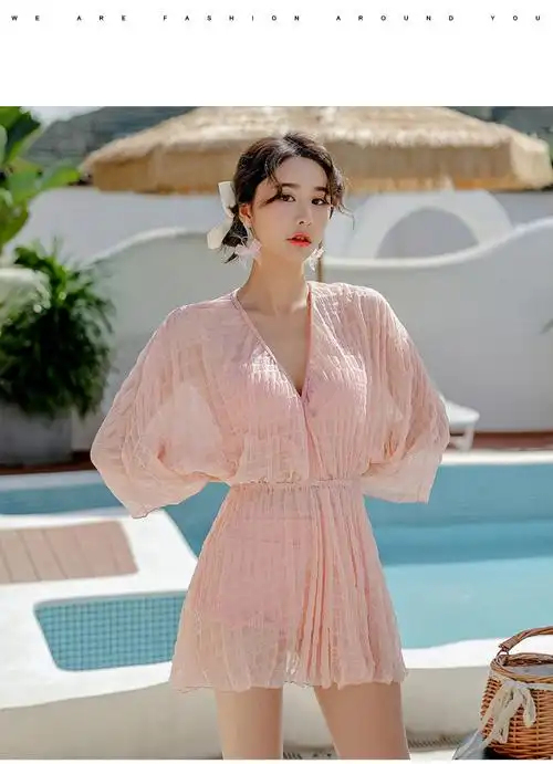 韩国小香风泳衣女分体三件套遮肚显瘦保守夏季泳装温泉度假游泳衣粉色