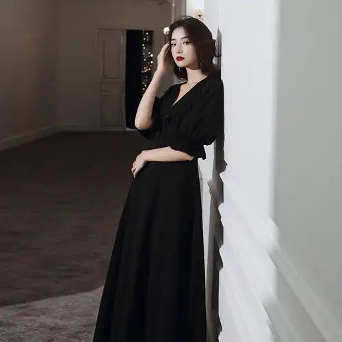 平时可穿高端高级质感黑色显瘦毕业典礼主持人气质宴会晚礼服裙女