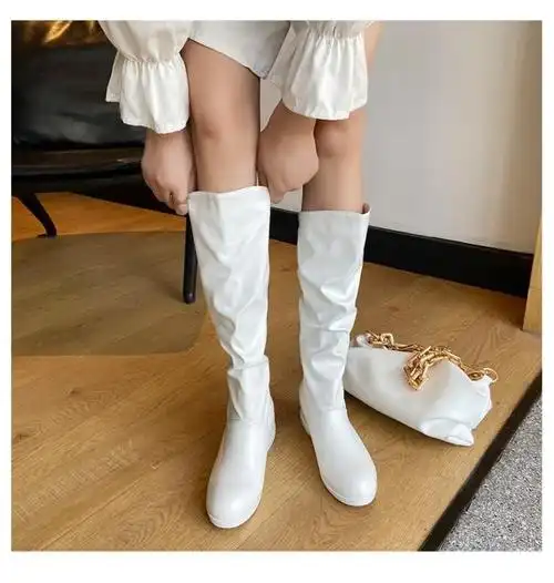 彩云秋冬女鞋内增高中跟高筒靴白色靴子女骑士靴大码女靴40-43 hh