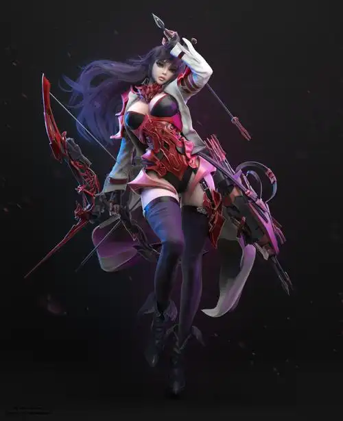 3d模型欣赏:长发飘飘 女射手 cg角色 姿势自然有美感 弓箭制作炫酷