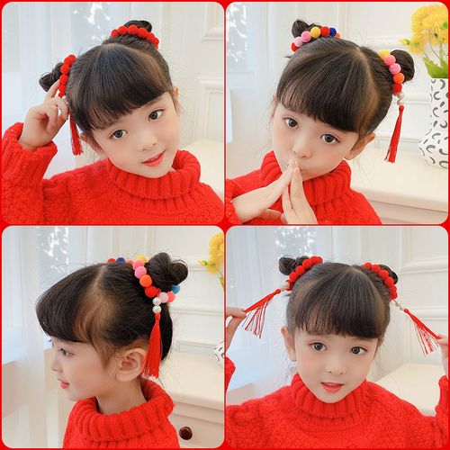 儿童发圈小女孩彩色毛球发绳中国风扎发橡皮筋发圈发饰丸子头头饰