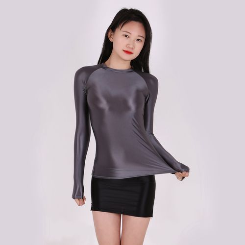 高弹大码油亮光泽t恤打底衫性感超薄透明爽滑瑜伽服纯色修身长袖