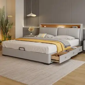 多功能真皮床现代简约智能床主卧高端大气双人床齐边抽屉储物皮床