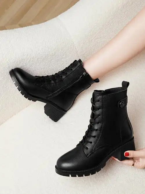 rd红蜻蜓真皮加绒马丁靴女英伦风秋冬季2022年新款穆勒鞋