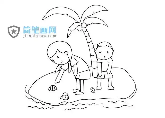 小女孩在海边捡贝壳的简笔画