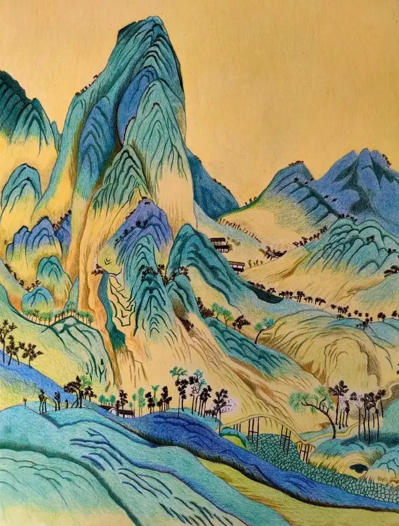 彩铅《青绿山水画》 - 抖音