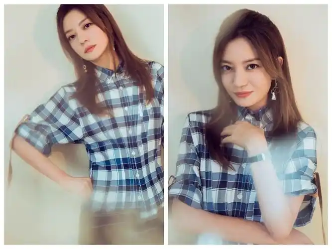 bg 赵薇穿格纹衬衫裙文艺小清新 身材纤细眼神慵懒迷离