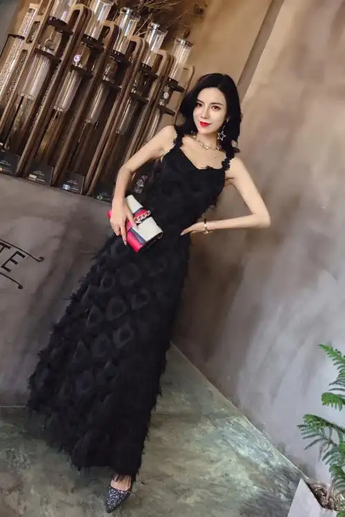 实拍#新款优雅聚会女神中长款沙滩流苏晚礼服连衣裙 吊带裙