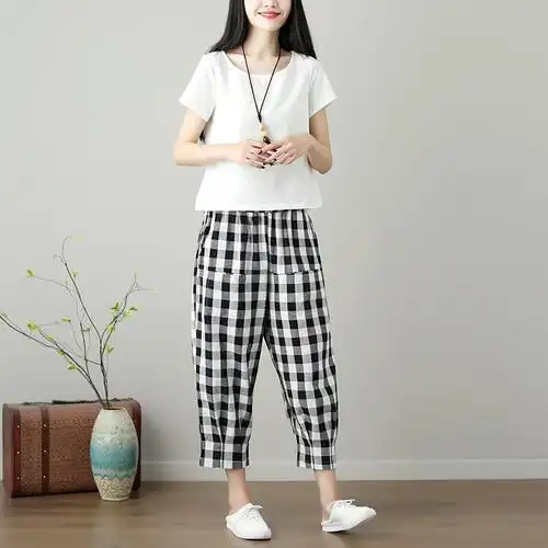 夏季文艺棉麻阔腿裤套装女大码休闲短袖上衣格子七分裤亚麻两件套格子