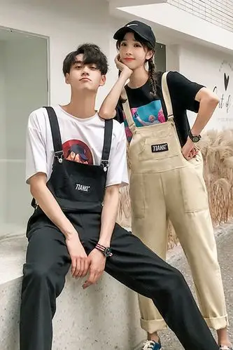 港风宽松情侣背带裤青年男女直筒连体裤学生帅气九分裤休闲长裤子