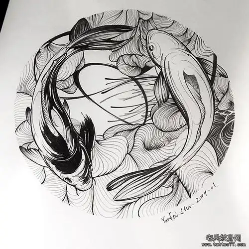 黑灰鲤鱼纹身手稿图案